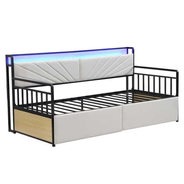 Silitysrautainen vuodesohva 90x200 cm – LED-valaistus, hyllyt, laatikot, monitoimipistorasiat, yhden hengen sänky, teinisänky, beige