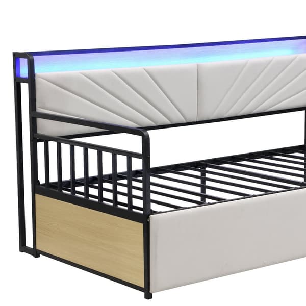 Silitysrautainen vuodesohva 90x200 cm – LED-valaistus, hyllyt, laatikot, monitoimipistorasiat, yhden hengen sänky, teinisänky, beige