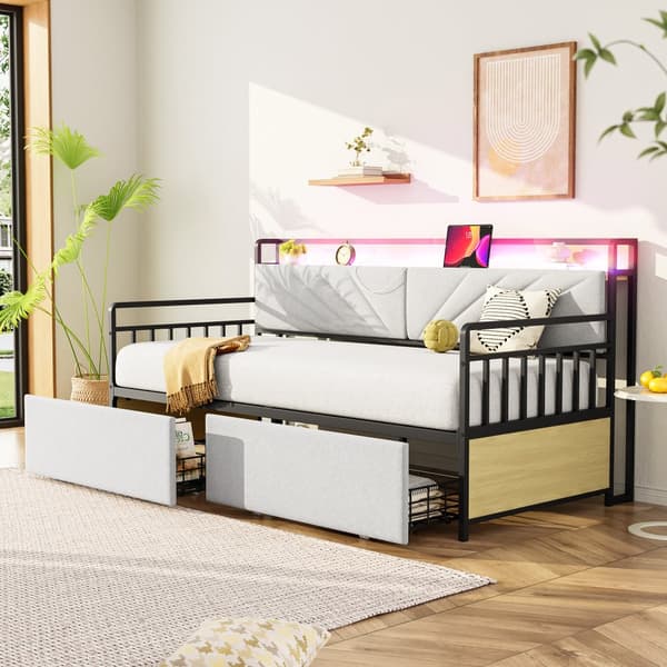 Silitysrautainen vuodesohva 90x200 cm – LED-valaistus, hyllyt, laatikot, monitoimipistorasiat, yhden hengen sänky, teinisänky, beige