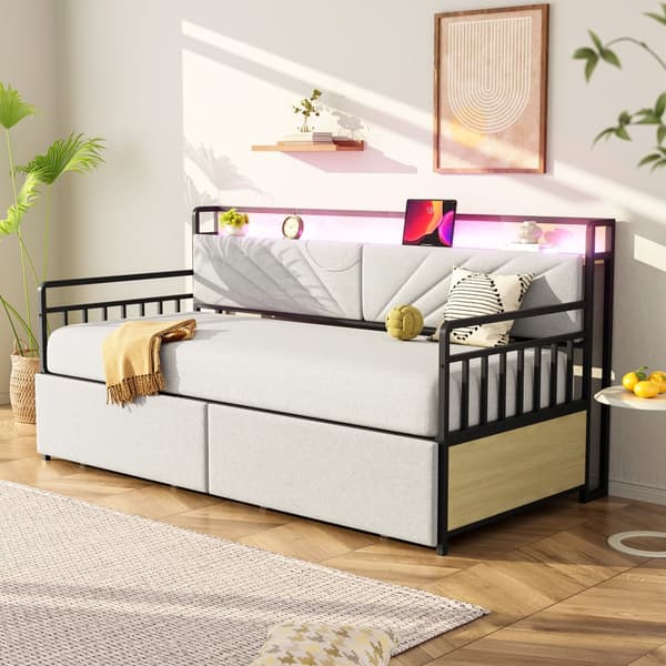 Silitysrautainen vuodesohva 90x200 cm – LED-valaistus, hyllyt, laatikot, monitoimipistorasiat, yhden hengen sänky, teinisänky, beige