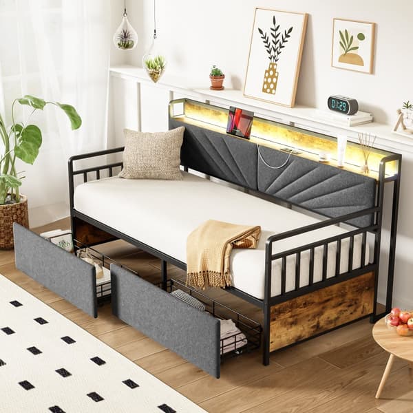 Eisen sovesofa 90x200 cm med LED-belysning, hylder, skuffer og stikkontakter, enkeltjernsseng, ungdomsseng, sort