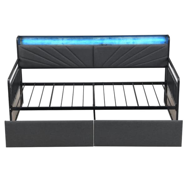 Eisen sovesofa 90x200 cm med LED-belysning, hylder, skuffer og stikkontakter, enkeltjernsseng, ungdomsseng, sort