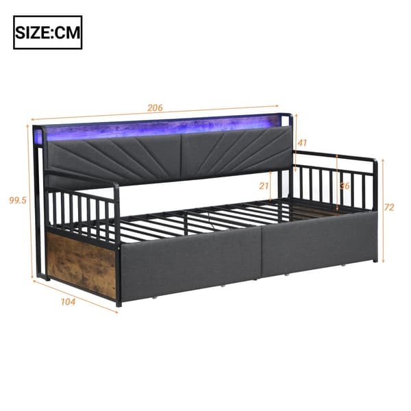 Eisen sovesofa 90x200 cm med LED-belysning, hylder, skuffer og stikkontakter, enkeltjernsseng, ungdomsseng, sort