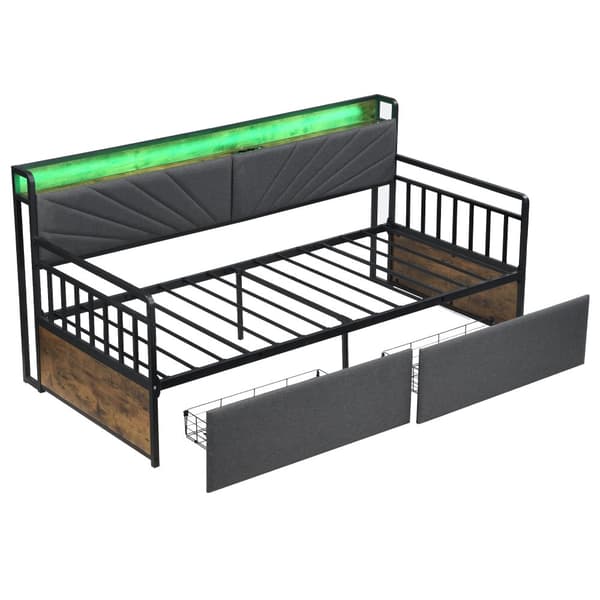 Eisen vuodesohva 90x200 cm LED-valaistuksella, hyllyt, laatikot ja pistorasiat, yhden hengen silitysrauta, nuorisosänky, musta