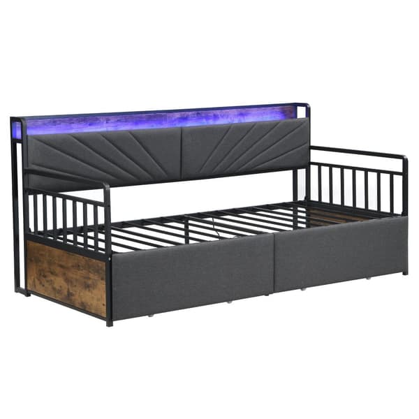 Eisen sovesofa 90x200 cm med LED-belysning, hylder, skuffer og stikkontakter, enkeltjernsseng, ungdomsseng, sort