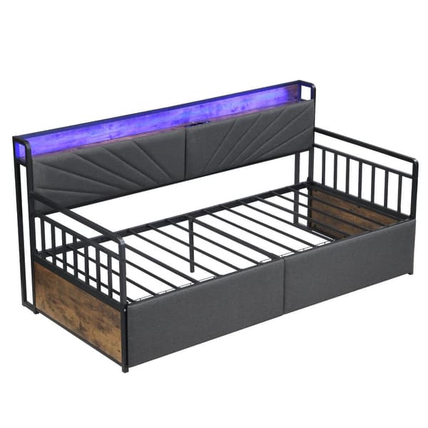 Eisen vuodesohva 90x200 cm LED-valaistuksella, hyllyt, laatikot ja pistorasiat, yhden hengen silitysrauta, nuorisosänky, musta