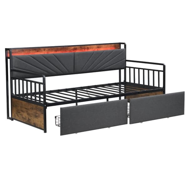 Eisen sovesofa 90x200 cm med LED-belysning, hylder, skuffer og stikkontakter, enkeltjernsseng, ungdomsseng, sort