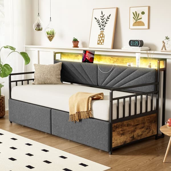 Eisen sovesofa 90x200 cm med LED-belysning, hylder, skuffer og stikkontakter, enkeltjernsseng, ungdomsseng, sort