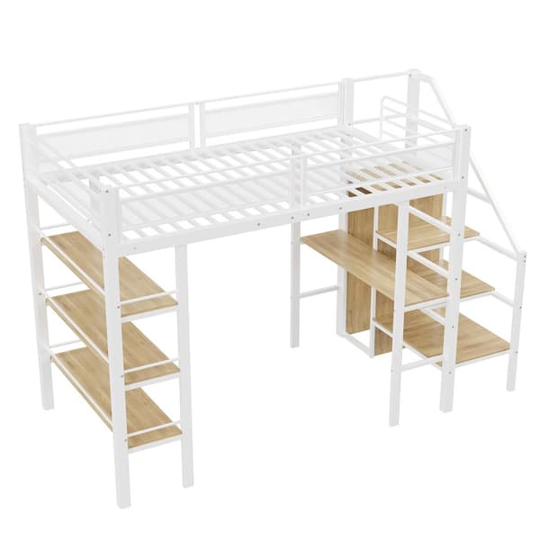 Hems 90x200 cm – tre hylder, skrivebord, garderobeskab, sikkerhedsstige med opbevaring, høj kant, jernseng, hvid