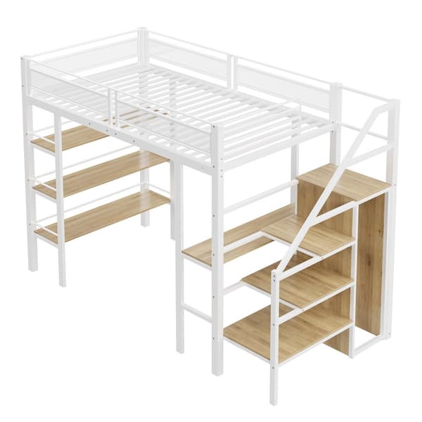 Hems 90x200 cm – tre hylder, skrivebord, garderobeskab, sikkerhedsstige med opbevaring, høj kant, jernseng, hvid