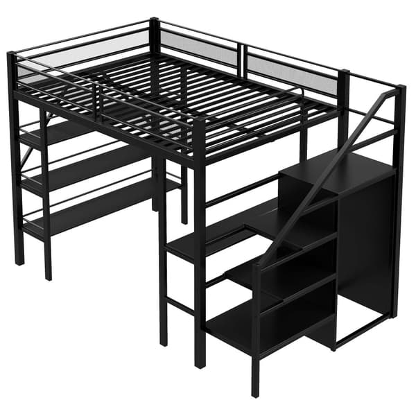 Hems 140x200 cm – tre hylder, skrivebord, garderobeskab, sikkerhedsstige med opbevaring, høj kant, jernseng, sort