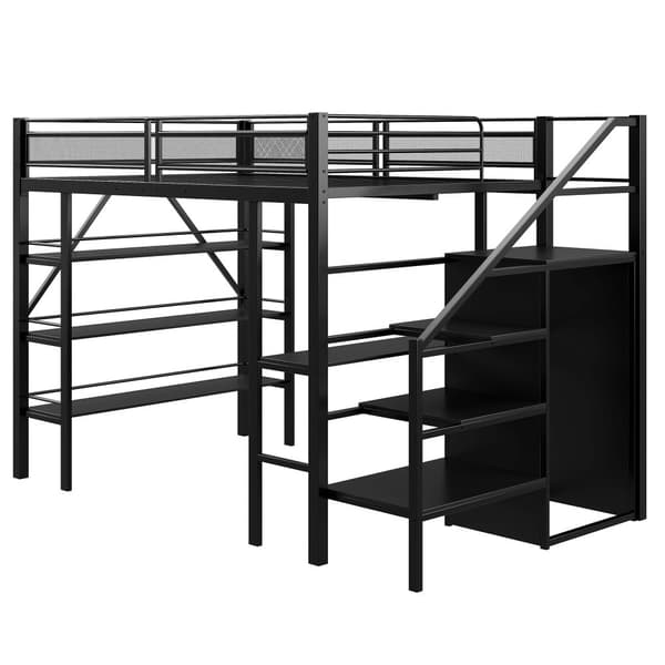 Hems 140x200 cm – tre hylder, skrivebord, garderobeskab, sikkerhedsstige med opbevaring, høj kant, jernseng, sort