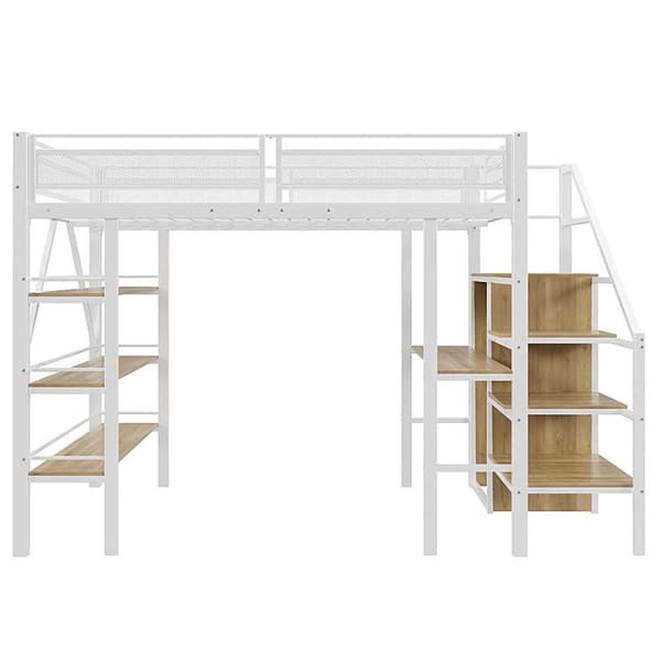 Hems 140x200 cm – tre hylder, skrivebord, garderobeskab, sikkerhedsstige med opbevaring, høj kant, jernseng, hvid