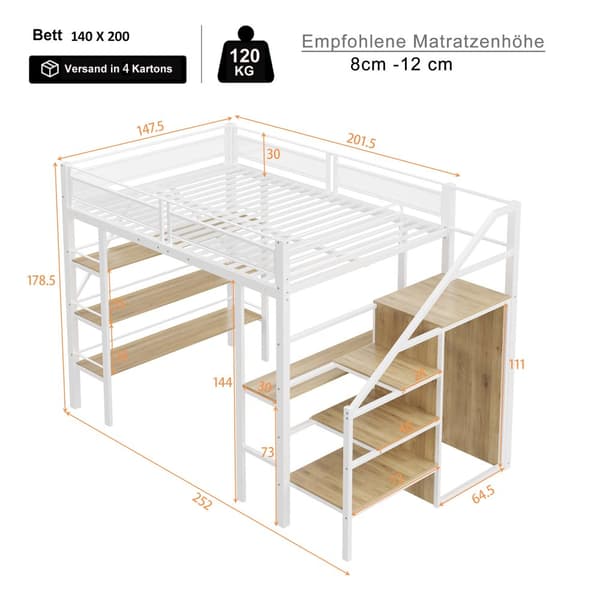 Hems 140x200 cm – tre hylder, skrivebord, garderobeskab, sikkerhedsstige med opbevaring, høj kant, jernseng, hvid