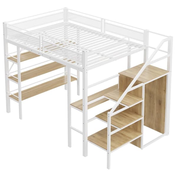 Hems 140x200 cm – tre hylder, skrivebord, garderobeskab, sikkerhedsstige med opbevaring, høj kant, jernseng, hvid