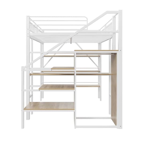 Hems 140x200 cm – tre hylder, skrivebord, garderobeskab, sikkerhedsstige med opbevaring, høj kant, jernseng, hvid