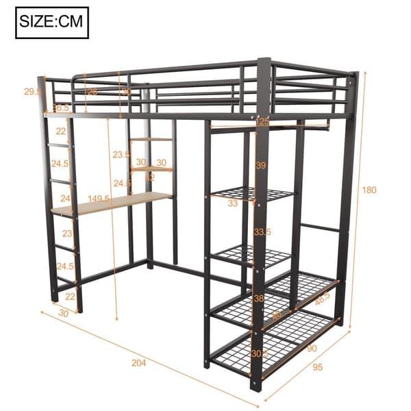 Hems med stige 90x200 cm, enkeltseng barn med bord, enkelt hængende, opbevaringshylder, sort