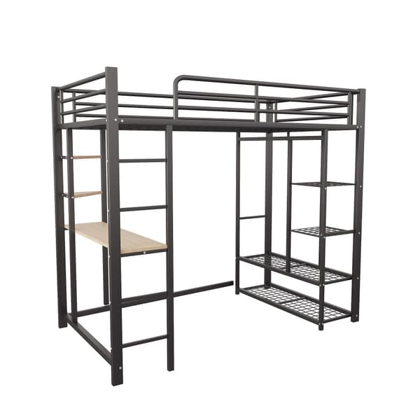Hems med stige 90x200 cm, enkeltseng barn med bord, enkelt hængende, opbevaringshylder, sort