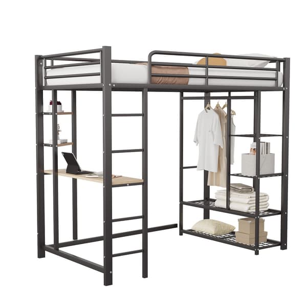 Hems med stige 90x200 cm, enkeltseng barn med bord, enkelt hængende, opbevaringshylder, sort