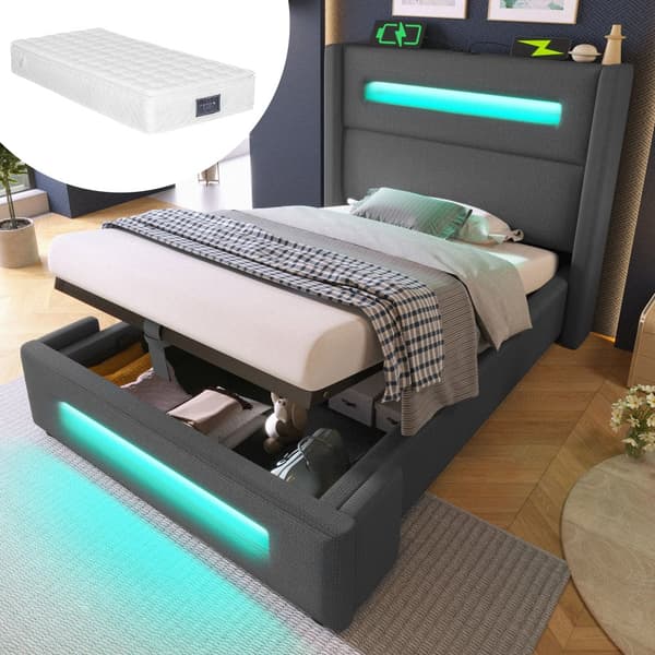 Yhden hengen sänky 90x200 cm LEDillä, hydraulinen säilytystila, USB Type-C, metallirunko, harmaa, pellava, patjalla