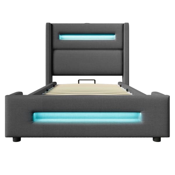 Yhden hengen sänky 90x200 cm LEDillä, hydraulinen säilytystila, USB Type-C, metallirunko, harmaa, pellava, patjalla
