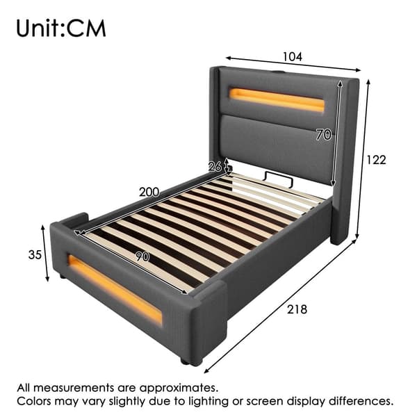 Yhden hengen sänky 90x200 cm LEDillä, hydraulinen säilytystila, USB Type-C, metallirunko, harmaa, pellava, patjalla