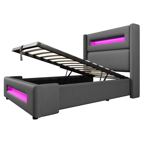 Yhden hengen sänky 90x200 cm LEDillä, hydraulinen säilytystila, USB Type-C, metallirunko, harmaa, pellava, patjalla