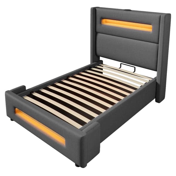 Yhden hengen sänky 90x200 cm LEDillä, hydraulinen säilytystila, USB Type-C, metallirunko, harmaa, pellava, patjalla