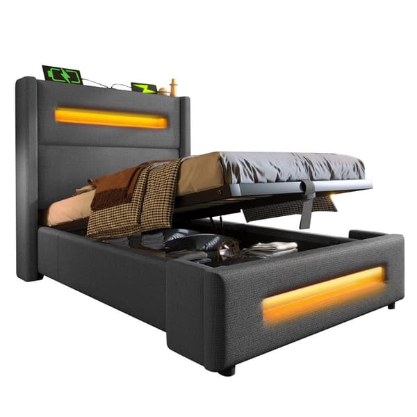 Yhden hengen sänky 90x200 cm LEDillä, hydraulinen säilytystila, USB Type-C, metallirunko, harmaa, pellava, patjalla
