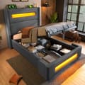 Pikkukuva 2 / 10: Yhden hengen sänky 90x200 cm LEDillä, hydraulinen säilytystila, USB Type-C, metallirunko, harmaa, pellava, patjalla