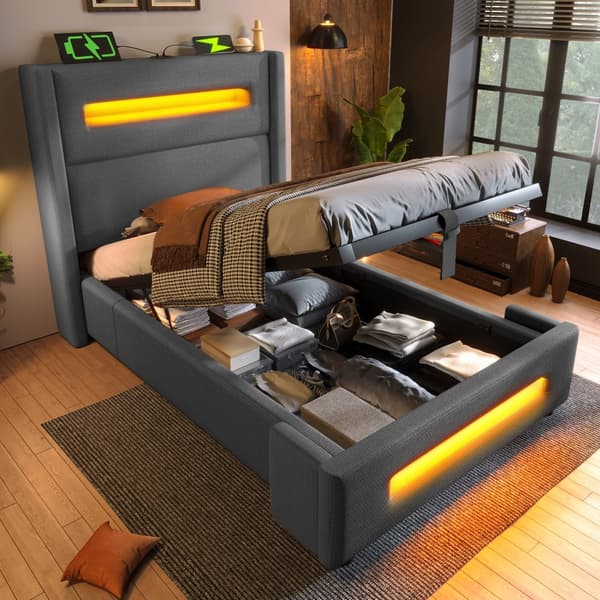 Yhden hengen sänky 90x200 cm LEDillä, hydraulinen säilytystila, USB Type-C, metallirunko, harmaa, pellava, patjalla