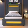 Pikkukuva 1 / 10: Yhden hengen sänky 90x200 cm LEDillä, hydraulinen säilytystila, USB Type-C, metallirunko, harmaa, pellava, patjalla
