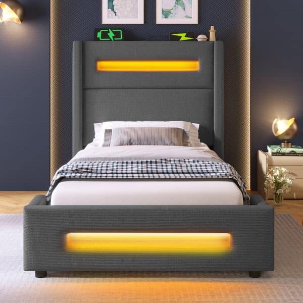 Yhden hengen sänky 90x200 cm LEDillä, hydraulinen säilytystila, USB Type-C, metallirunko, harmaa, pellava, patjalla