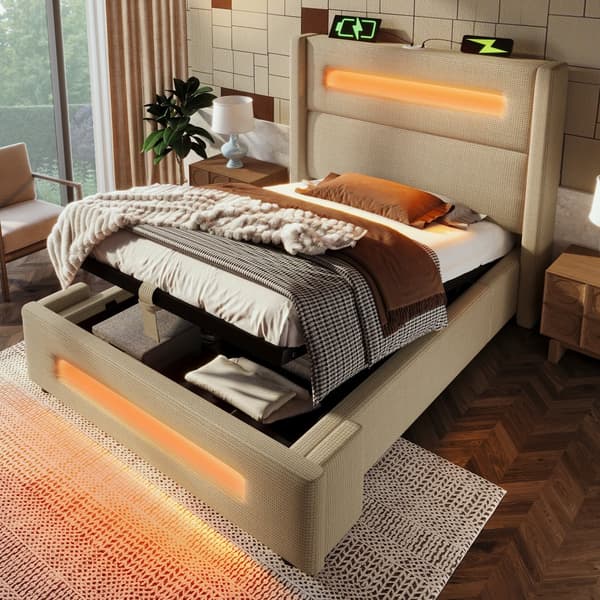 Yhden hengen sänky 90x200 cm LEDillä, hydraulinen säilytystila, USB Type-C, metallirunko, beige, pellava, patjalla