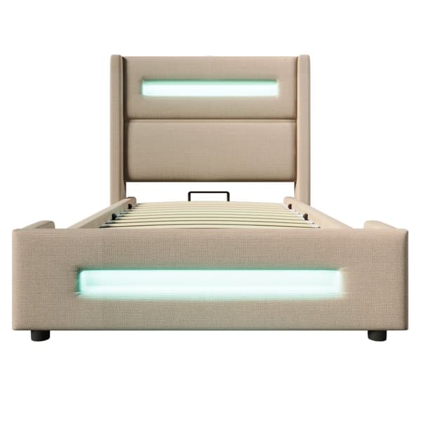 Yhden hengen sänky 90x200 cm LEDillä, hydraulinen säilytystila, USB Type-C, metallirunko, beige, pellava, patjalla