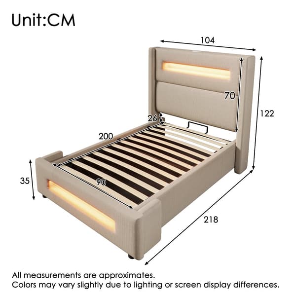 Yhden hengen sänky 90x200 cm LEDillä, hydraulinen säilytystila, USB Type-C, metallirunko, beige, pellava, patjalla
