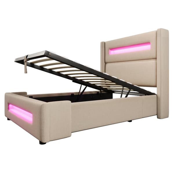 Yhden hengen sänky 90x200 cm LEDillä, hydraulinen säilytystila, USB Type-C, metallirunko, beige, pellava, patjalla