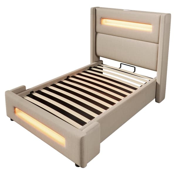 Yhden hengen sänky 90x200 cm LEDillä, hydraulinen säilytystila, USB Type-C, metallirunko, beige, pellava, patjalla