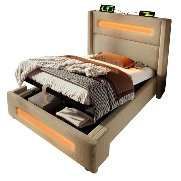 Yhden hengen sänky 90x200 cm LEDillä, hydraulinen säilytystila, USB Type-C, metallirunko, beige, pellava, patjalla
