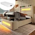 Pikkukuva 2 / 10: Yhden hengen sänky 90x200 cm LEDillä, hydraulinen säilytystila, USB Type-C, metallirunko, beige, pellava, patjalla