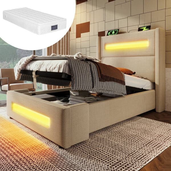Yhden hengen sänky 90x200 cm LEDillä, hydraulinen säilytystila, USB Type-C, metallirunko, beige, pellava, patjalla