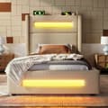 Pikkukuva 1 / 10: Yhden hengen sänky 90x200 cm LEDillä, hydraulinen säilytystila, USB Type-C, metallirunko, beige, pellava, patjalla