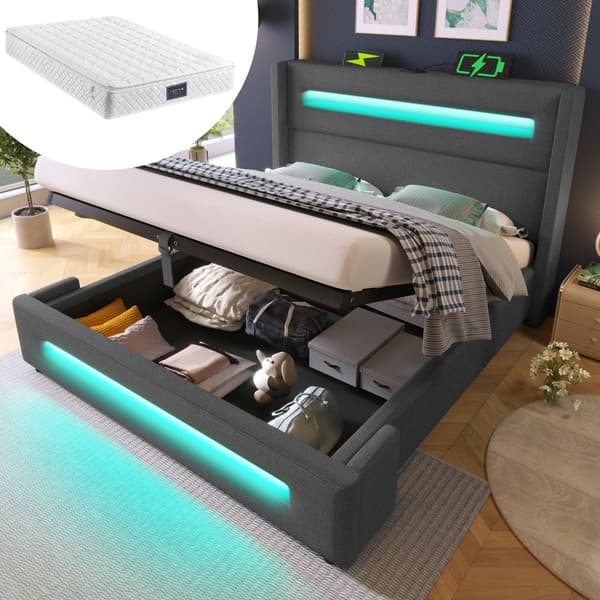 Parivuode 140x200 cm LEDillä, hydraulinen säilytystila, USB Type-C, metallirunko, harmaa, pellava, patjalla