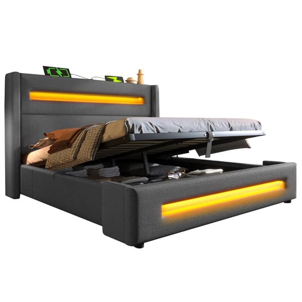 Dobbeltseng 140x200 cm med LED, hydraulisk opbevaringsplads, USB Type-C, metalstel, grå, linned, med madras