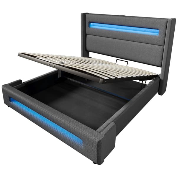 Dobbeltseng 140x200 cm med LED, hydraulisk opbevaringsplads, USB Type-C, metalstel, grå, linned, med madras