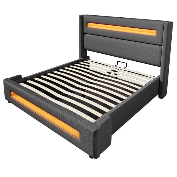 Dobbeltseng 140x200 cm med LED, hydraulisk opbevaringsplads, USB Type-C, metalstel, grå, linned, med madras