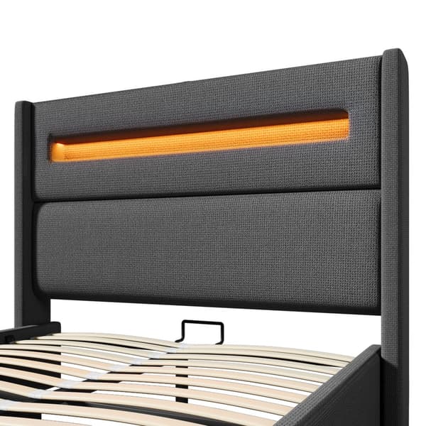 Dobbeltseng 140x200 cm med LED, hydraulisk opbevaringsplads, USB Type-C, metalstel, grå, linned, med madras