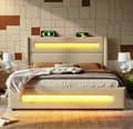 Pikkukuva 1 / 11: Parivuode 140x200 cm LEDillä, hydraulinen säilytystila, USB Type-C, metallirunko, beige, pellava, patjalla