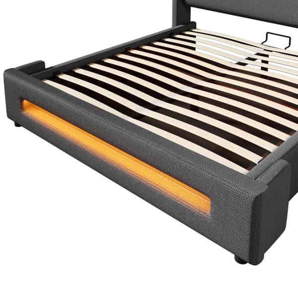 Parivuode 160x200 cm LEDillä, hydraulinen säilytystila, USB Type-C, metallirunko, harmaa, pellava, patjalla