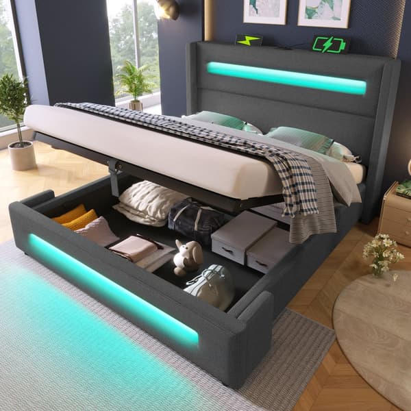 Parivuode 160x200 cm LEDillä, hydraulinen säilytystila, USB Type-C, metallirunko, harmaa, pellava, patjalla